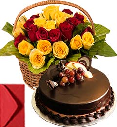 birthday midnight Chocolate-Truffle-Cake-Half-Kg-with-Red-Yellow-Roses-Basket home delivery online