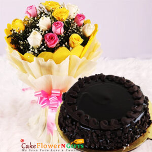 mix roses bouquet and chocolate chips cake