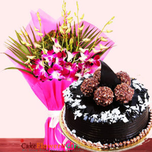 orchid-bouquet-and-ferocher-chocolate-cake