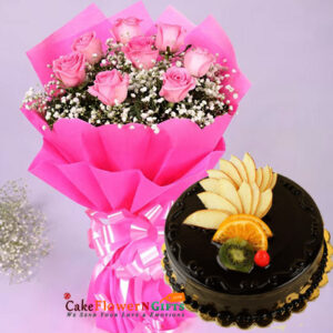 midnight saemdy pink roses bouquet fruit chocolate cake home delivery