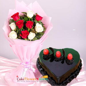 sameday birthday midnight red white roses bouquet and Epitome heart shape chocolate cake home delivery