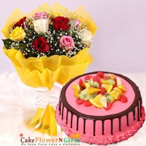 midnight sameday strawberry flavor fruit cake and 10 roses bouquet home deivery