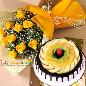 yellow roses bouquet and choco vanilla fruit cake