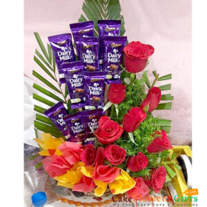 10 dairy milk chocolate and 10 red roses bouquet