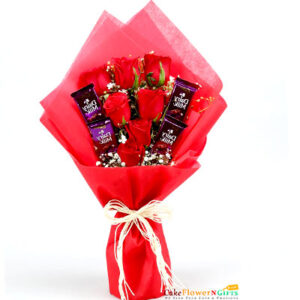8 red roses and 4 dairy milk chocolate bouquet