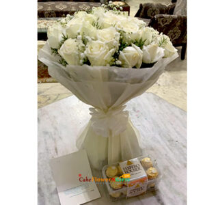 18 white roses bouquet and 16 ferocher chocolate