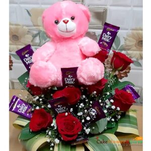 red roses chocolate pink teddy basket