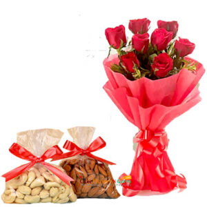 500g Mixed kaju and Almonds and 8 red roses bouquet