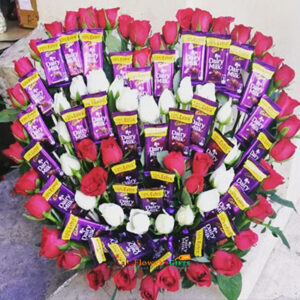70 red white roses and 35 dairy milk chocolate heart shape arrangement
