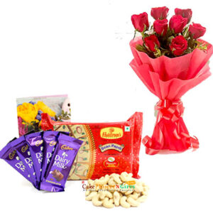 Cashewnuts Soan Papdi 5 Dairy Milk Bars and a Card Bouquet