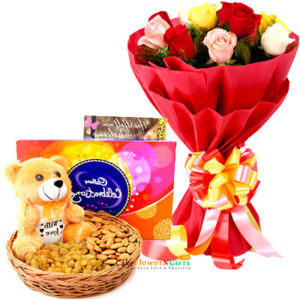Mixed Kishmish Almonds-Celebration and Greeting Card-6-inch teddy bear-10-Mix Roses Bouquet