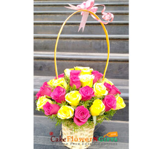 red yellow 30 roses flower basket