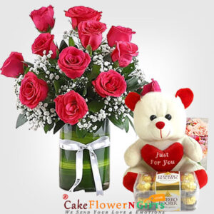 teddy ferrochor box 12 red roses in vases