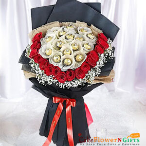 16 red roses 16 Ferrero Rocher chocolate black paper packing bouquet