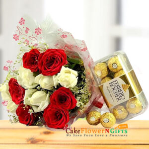 6 White Roses and 6 Red Roses Ferrero Rocher - 16 Pcs