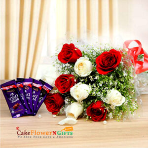 Snowy Elegance Bouquet with Choco Bliss 9 white red flower 5 dary milk chocolate