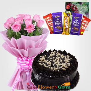 pink roses with chocolate chips cake n chocolate