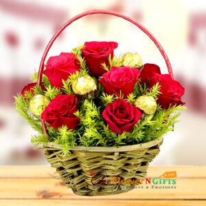 red roses and Ferrero Rocher chocolates