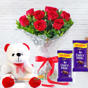 teddy 2 dairy milk chocolate n 8 red roses bouquet