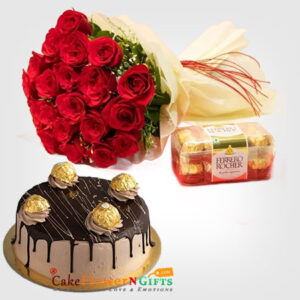 20 Red Roses with White Paper Packing: 16 Ferrero Rocher Chocolates 4 pcs Ferrero Rocher Chocolate Cake