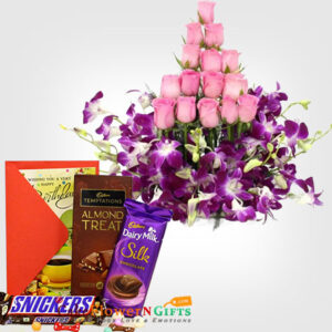 6 Purple Orchids 15 Pink Roses in Basket Dairy Milk Silk Temptations Snickers and Card