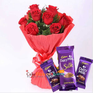 Bouquet of 8 Red Roses 1pcs Silk 56gms 2 Dairy Milk Chocolate 12.5gams each