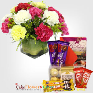 Carnations Vase and Ferrero Rocher 16 Pcs, 2 Dairy Milk Fruit n Nut, 2 Kit Kat, 2 Five Star