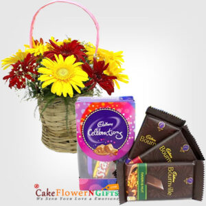 Mini Celebrations, 3 Bournville 12 Red & Yellow Gerberas Basket and Card