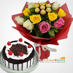 black forest cake 7 Ferrero Rocher 10 pink yellow white roses bouquet