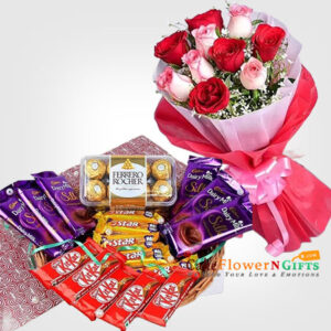 Ferrero Rocher chocolates KitKat chocolates 5 Five Star chocolates Cadbury Silk bouquet of roses with 5 red and 5 pink roses