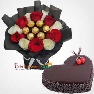 chocolate chip heart cake 7Ferrero Rocher 12 red white roses bouquet