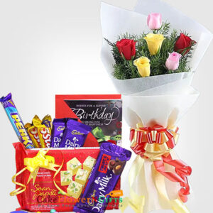 mix roses bouquet Haldiram Soan Papdi 250 gms, Assorted Cadbury Hamper Bar & Card