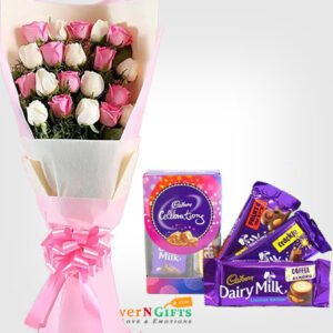 pink white roses-bouquet-Mini Celebrations, Dairy Milk Fruit n Nut, Dairy Milk Crackle, Dairy Milk Roast Almond