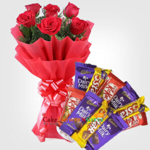 red roses bouquet kitkat dairy milk five star