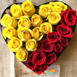 10 red roses 16 yellow roses 13 heart shape black box