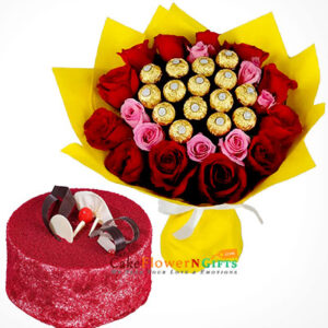 red velvet cake 12 red roses 7 pink roses 16 pcs of Ferrero Rocher Bouquet