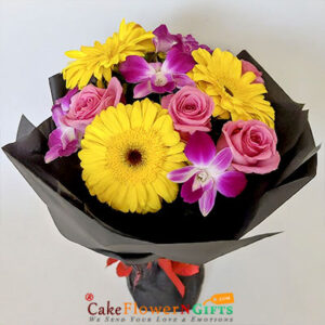 4 yellow gerbera 4 pink roses 3 Orchid black paper packing bouquet