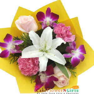 2 pink roses 2 carnation 4 Orchids 1 white lilies bouquet