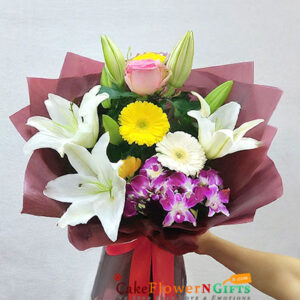 2 pink roses 3 gerbera 2 Orchids 3 white lilies bouquet