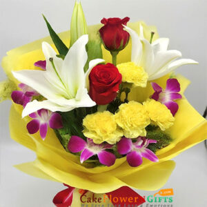 2 roses 4 carnation 4 Orchids 2 white lilies bouquet