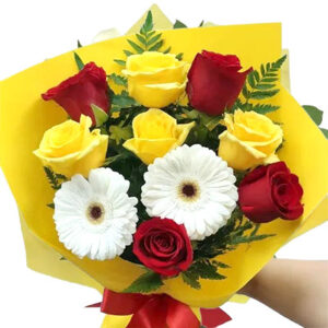 2 white gerbera 8 red yellow roses bouquet