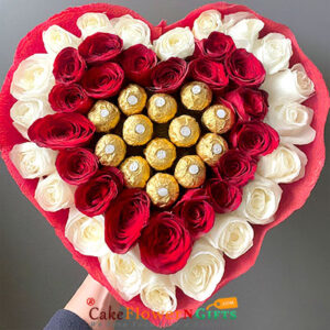 20 white 20 red roses and 14 ferocher rocher chocolate in heart shape black box
