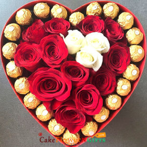 3 white 12 red roses and 20 ferocher rocher chocolate in heart shape black box