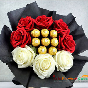 3 white 5 red roses with 9 ferrero rocher bouquet