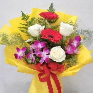 3 white gerbera 2 red roses 3 Orchids bouquet