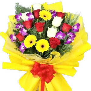 3 yellow gerbera 10 red white roses 4 Orchids bouquet