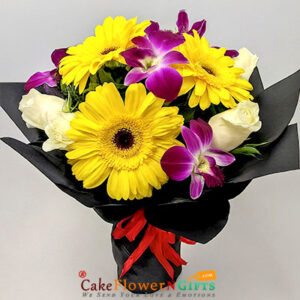 3 yellow gerbera 4 white roses 4 Orchids black paper packing bouquet
