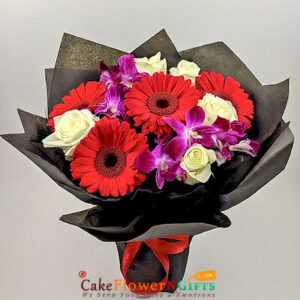 4 red gerbera 5 white roses 3 Orchids black paper packing bouquet
