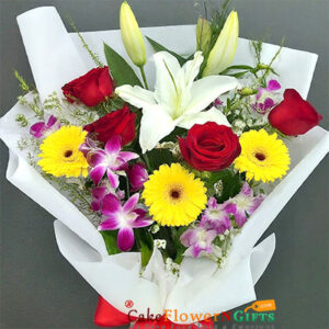 4 red roses 3 yellow gerbera 4 Orchids 2 white lilies bouquet