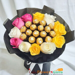 4 white 3 pink 4 yellow roses 15 ferrero rocher bouquet
